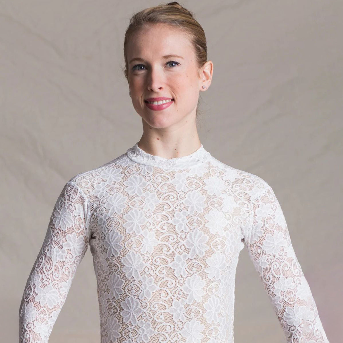 Women White Lace Long Sleeves Ballet Onesies(1404/White)