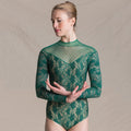 Women Green Lace Long Sleeves Ballet Onesies(1720/Emerald)