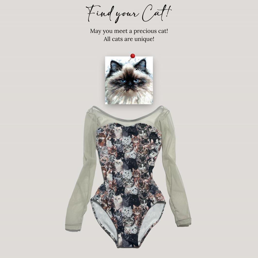 Women Grey"Find your Cat"Ballet Onesies(179534231/Plie sleeve4/Gray)