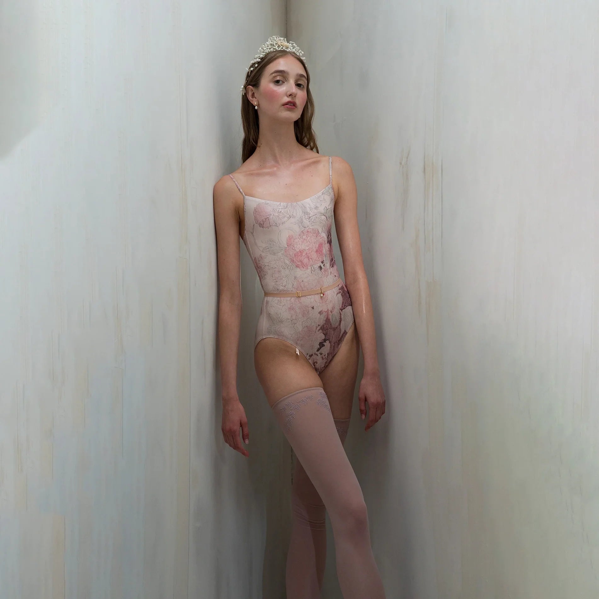 Women Dusty Blush Printed "MISTY GARDEN" Ballet Onesies(181LE01VL/dusty blush)