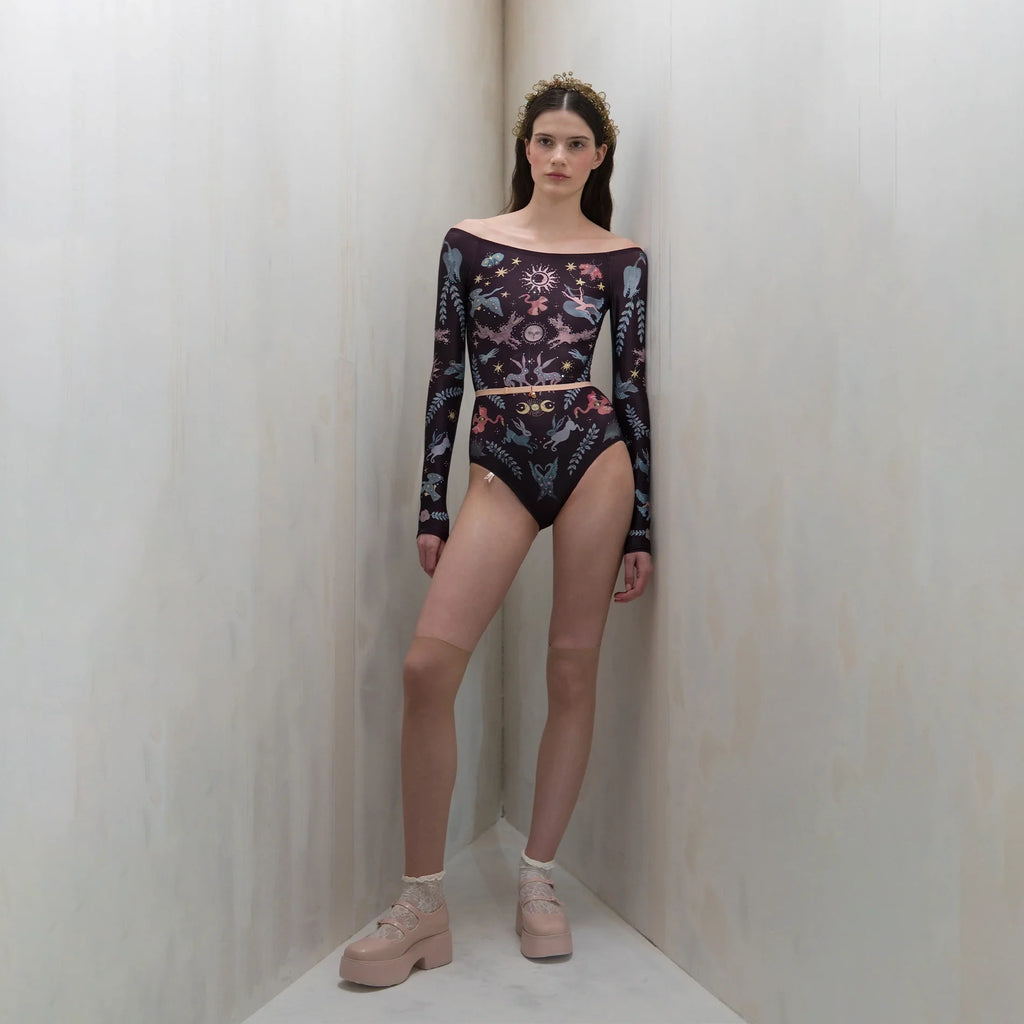 Women Dark Purple Printed "LUNARIS" Long Sleeves Ballet Onesies(181LE20VL/deep purple)