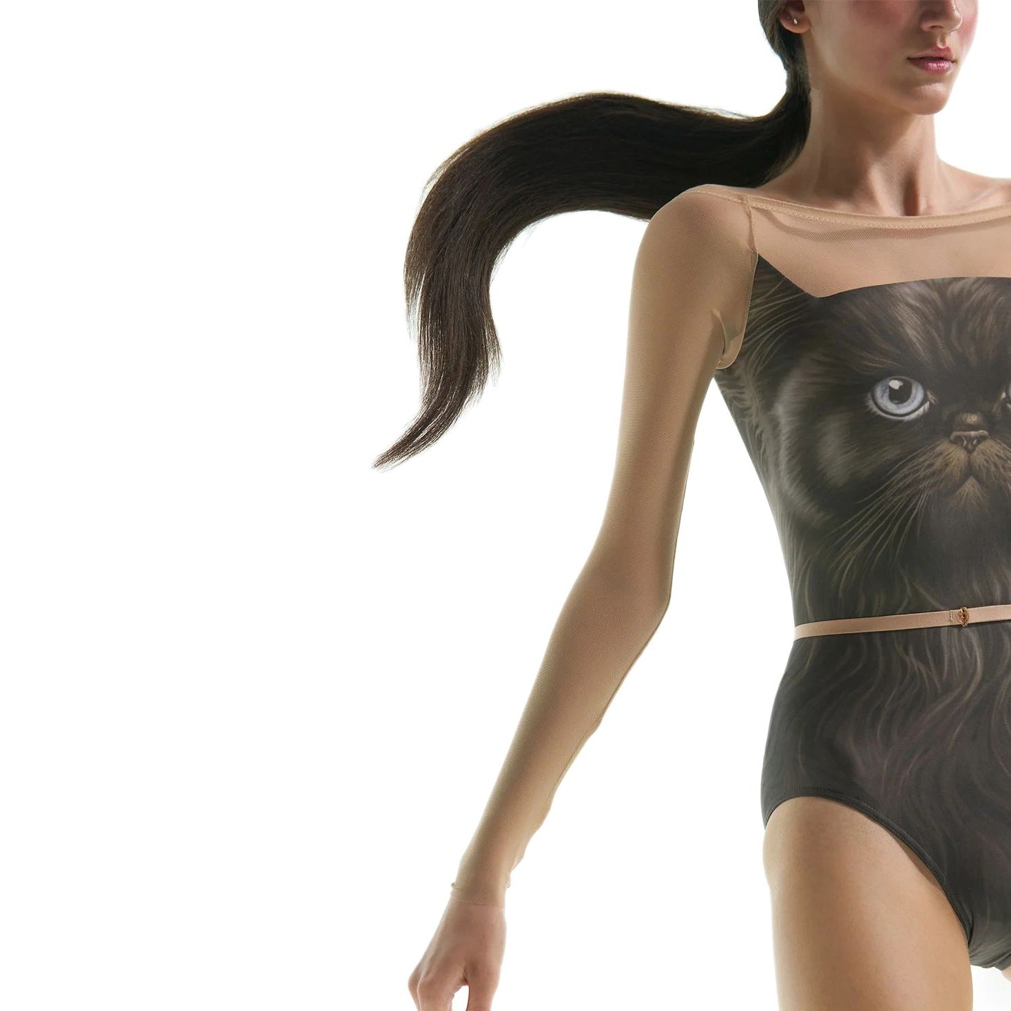 Women Black'CATavatar'Long Sleeves Ballet Onesies(231LE22VL/murk-AI)