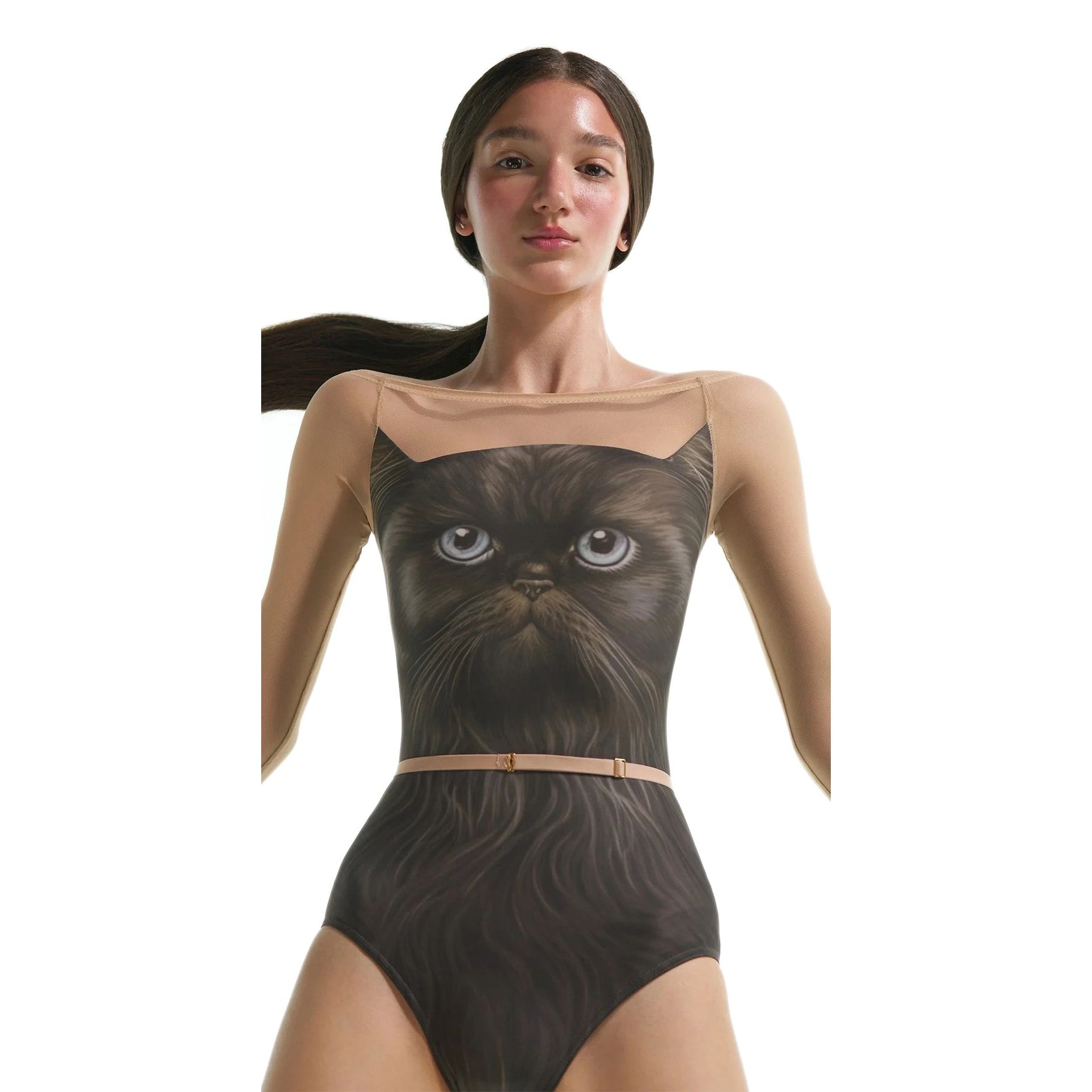 Women Black'CATavatar'Long Sleeves Ballet Onesies(231LE22VL/murk-AI)