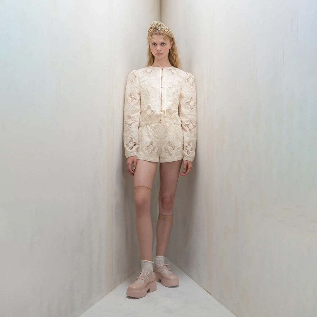 Women White "BOTANIC RICHELIEU" Round Neck Embroidered Jacket(261BL40KP/edelweiss)