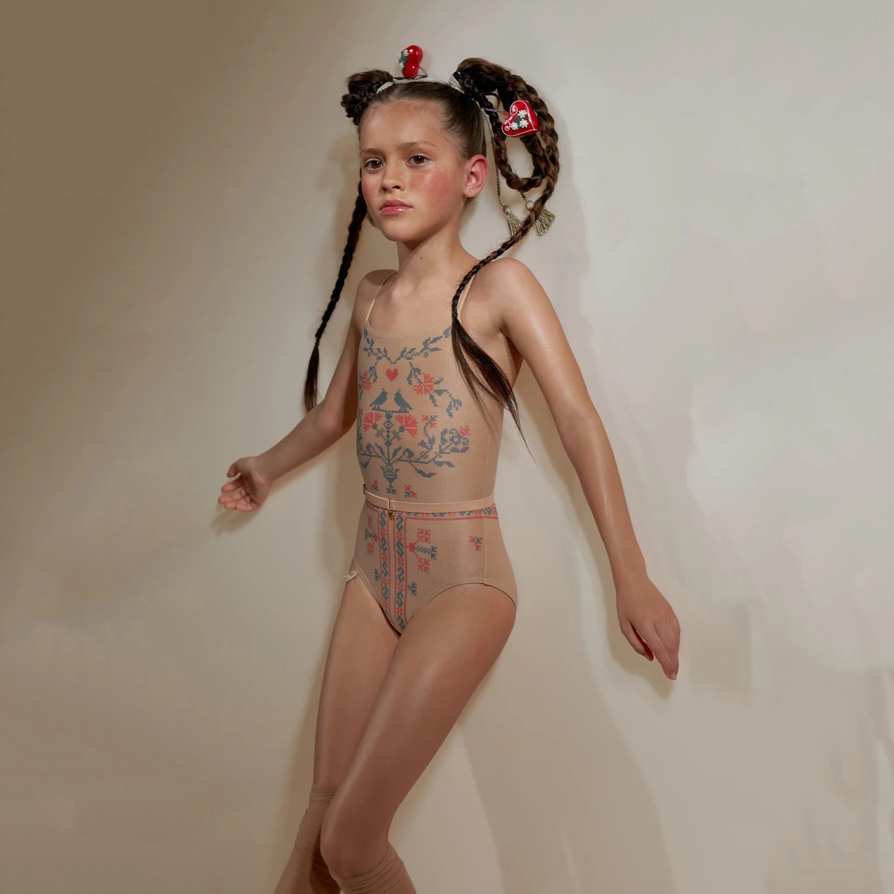 Girls Beige Print Strap Ballet Onesies