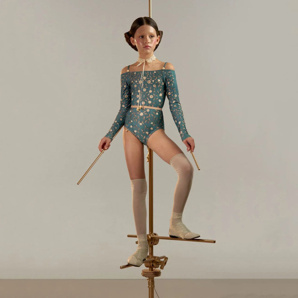 Girls Blue"ROSEWOOD INTARSIA"Long Sleeves Ballet Onesies(J251LE23VL/petrol)