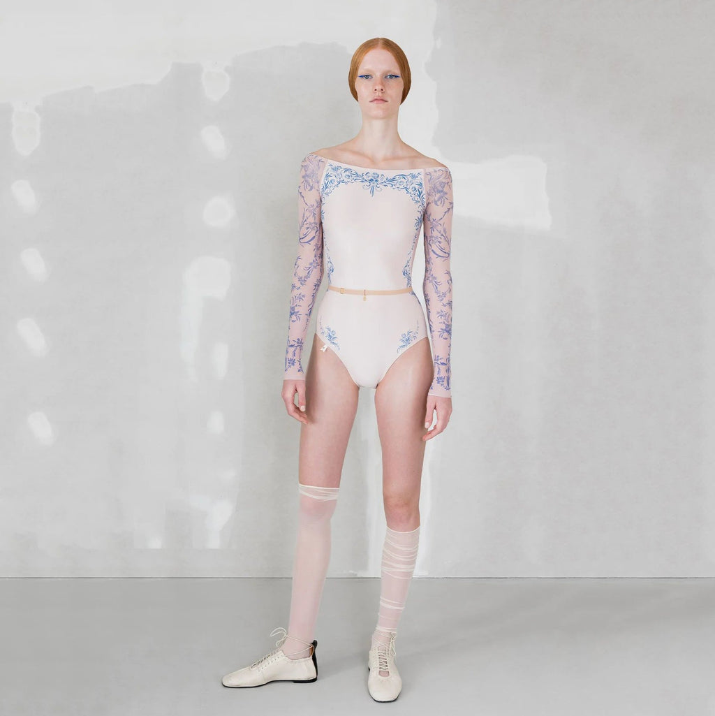 Women Pearl Blush "PORCELAIN SKIN" Long Sleeves Ballet Onesies(252LE26VC/pearl blush/cobalt blue)