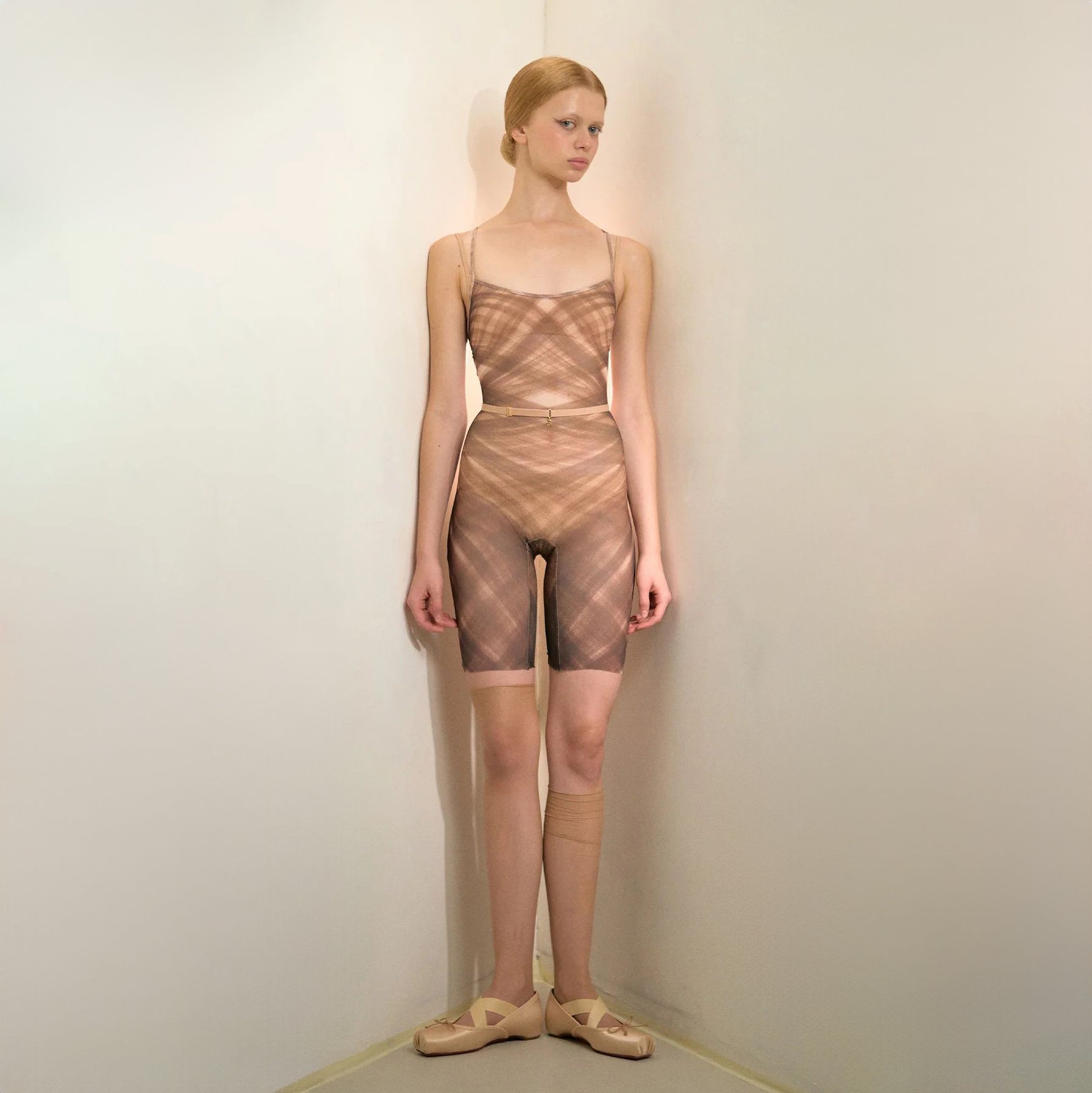 Women Mocha Check "TULLE PLIÉ" Ballet Onesies(253UN34MH/mocha)