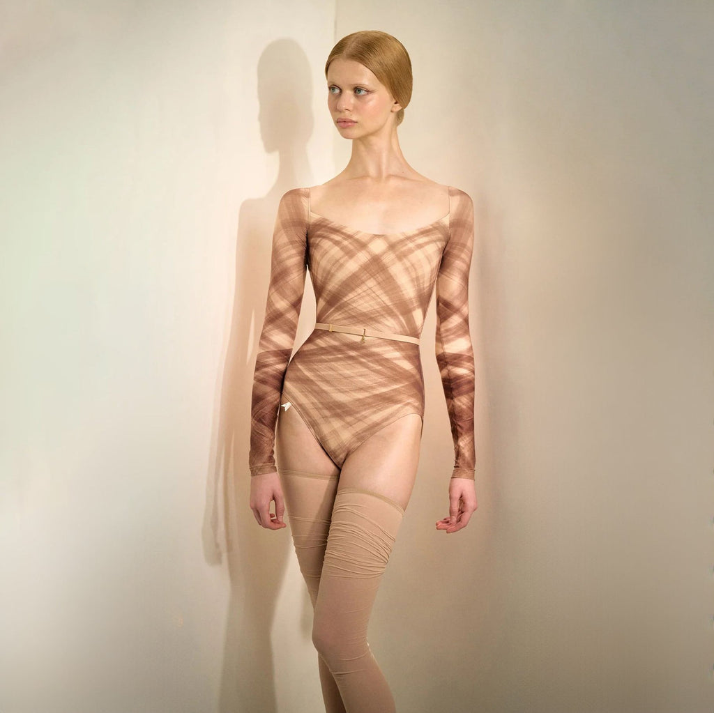 Women Mocha Check "TULLE PLIÉ" Long Sleeves Ballet Onesies(253LE23VL/mocha)