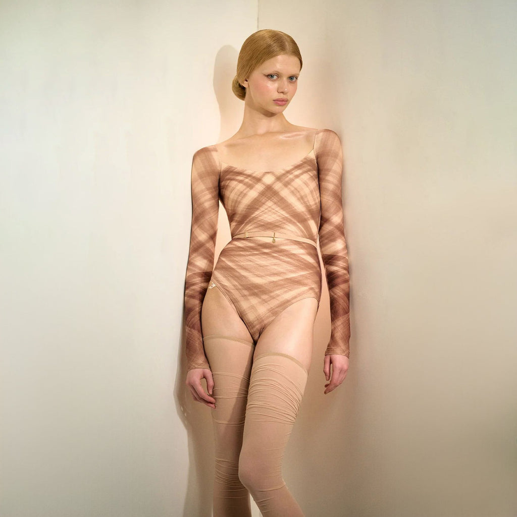 Women Mocha Check "TULLE PLIÉ" Long Sleeves Ballet Onesies(253LE23VL/mocha)