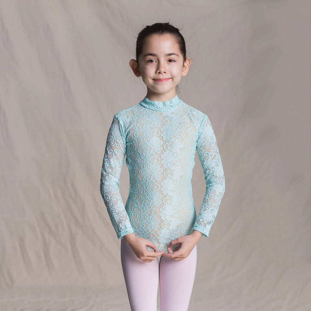 Girls Light Blue Lace Long Sleeves Ballet Onesies(1404/Blue)