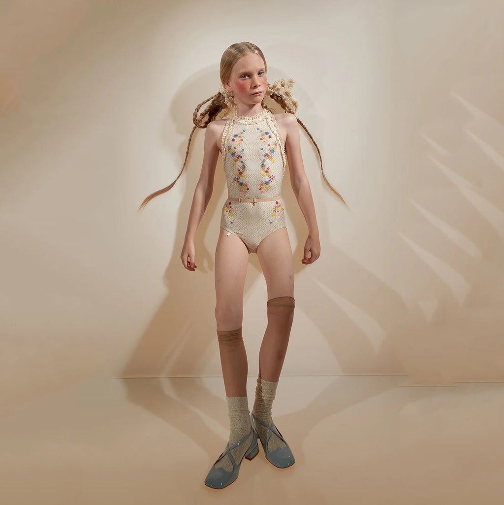 Girls White Embroidered Ballet Onesies(J241LE31VL/edelweiss/multicolor)